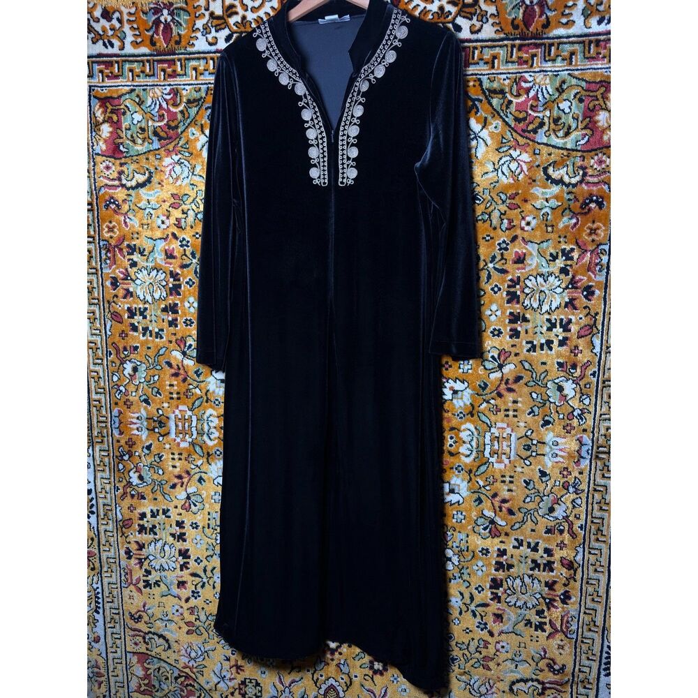 VTG Old Hollywood Glam Kaftan Black Velvet Dressing Gown Gold Embroidery sz L